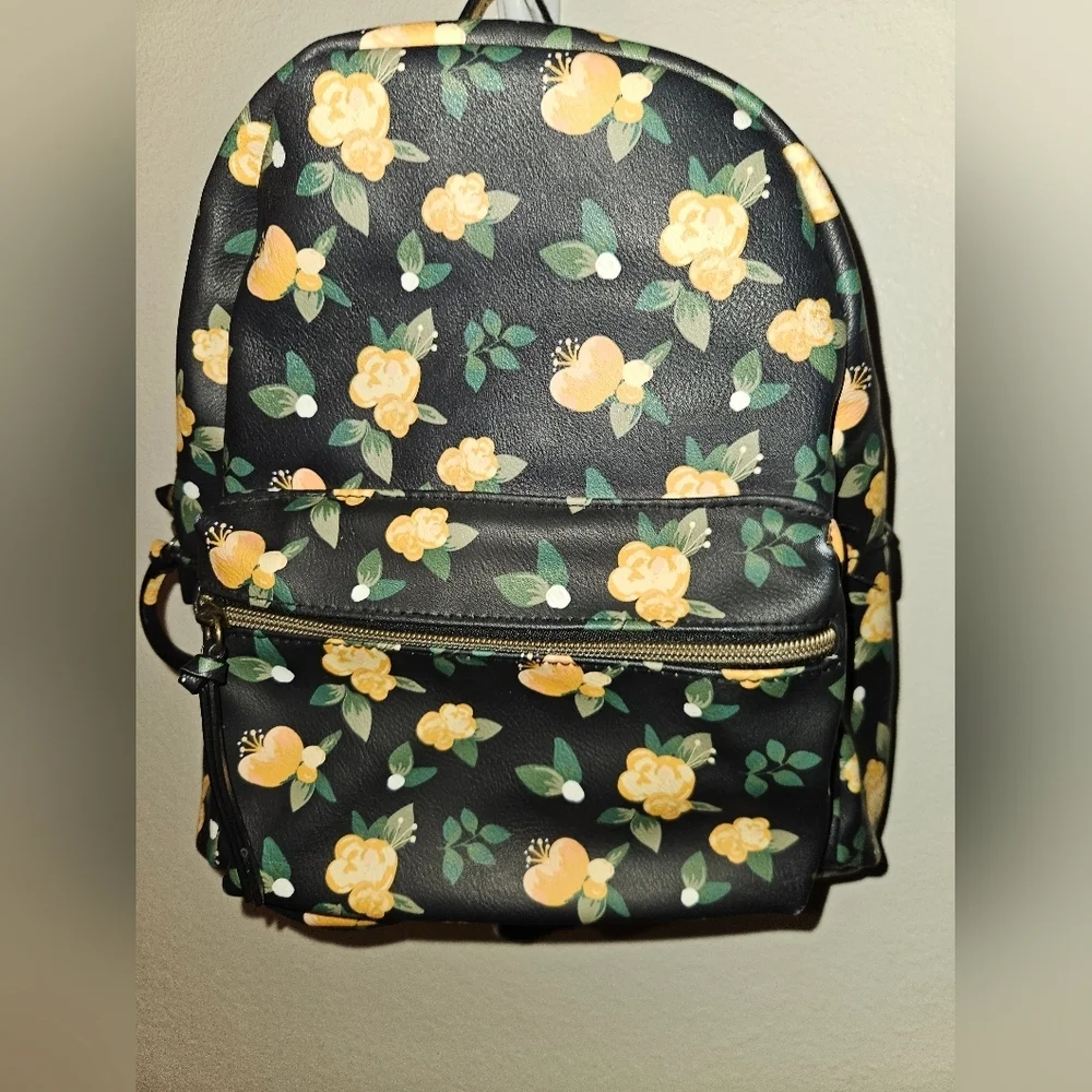 Kohls Purse Mini Backpack Handbag  Black W/ Yellow Flowers